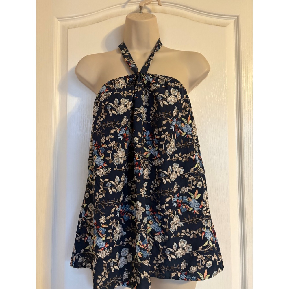 Urban X Navy Blue Floral Halter Top Blouse Womens Rayon Sleeveless Flowy Print M
